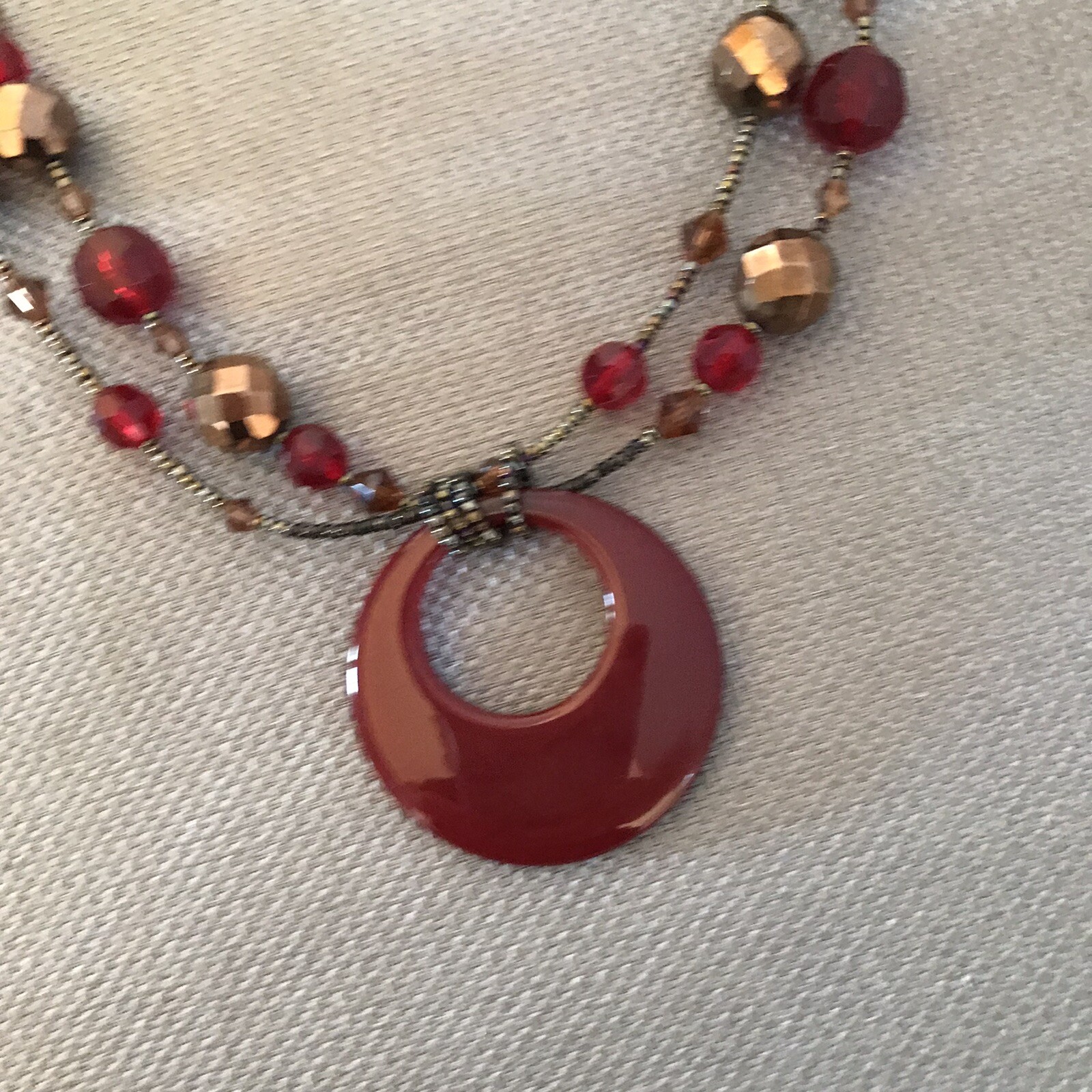 Lia Sophia Glass Crystal Beaded Circle Statement Pendant Necklace Red Copper
