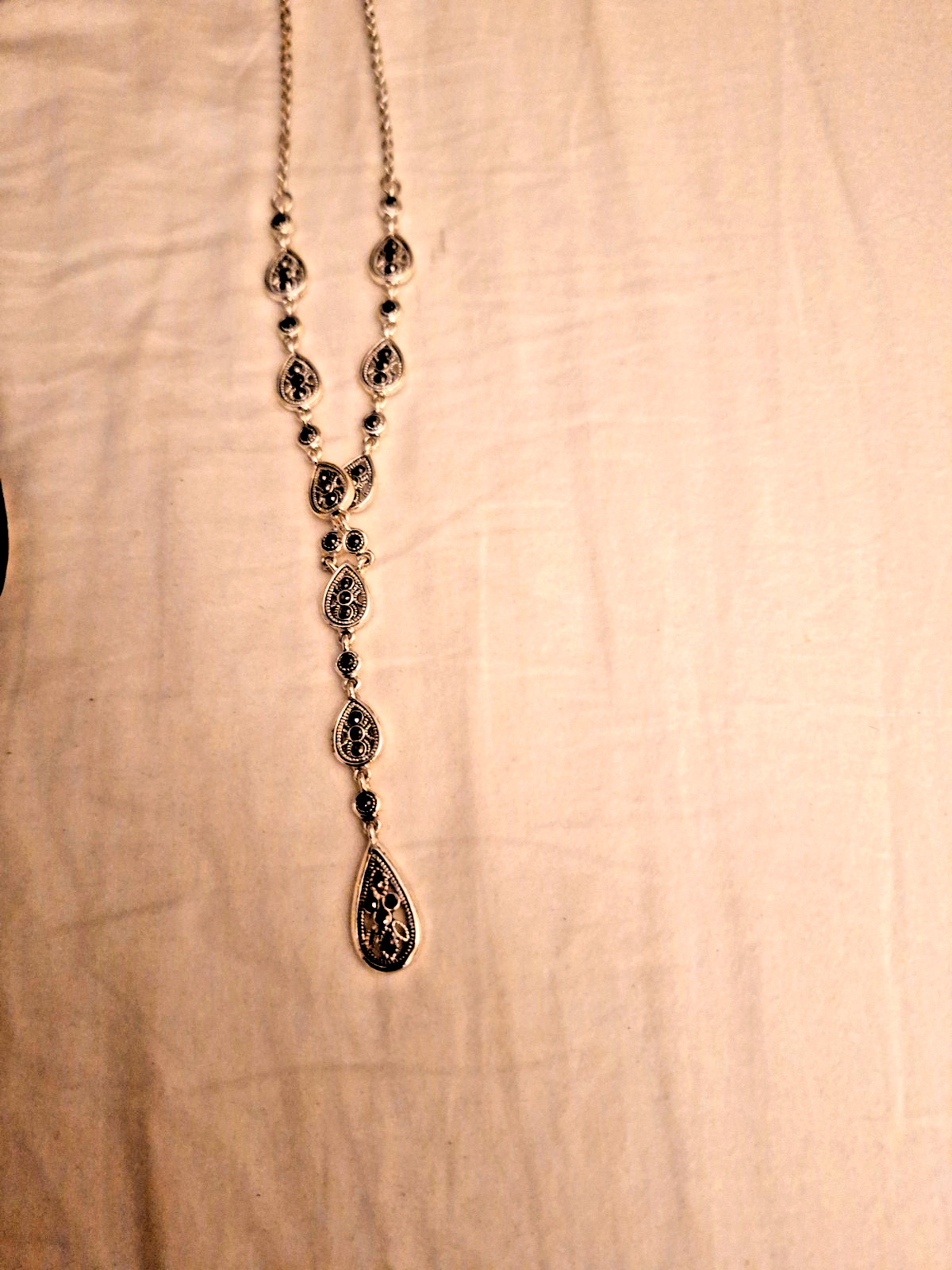 Silver Necklace TRIFARI Crown Logo Silver Black Rhinestones 18″ Necklace Y Drop