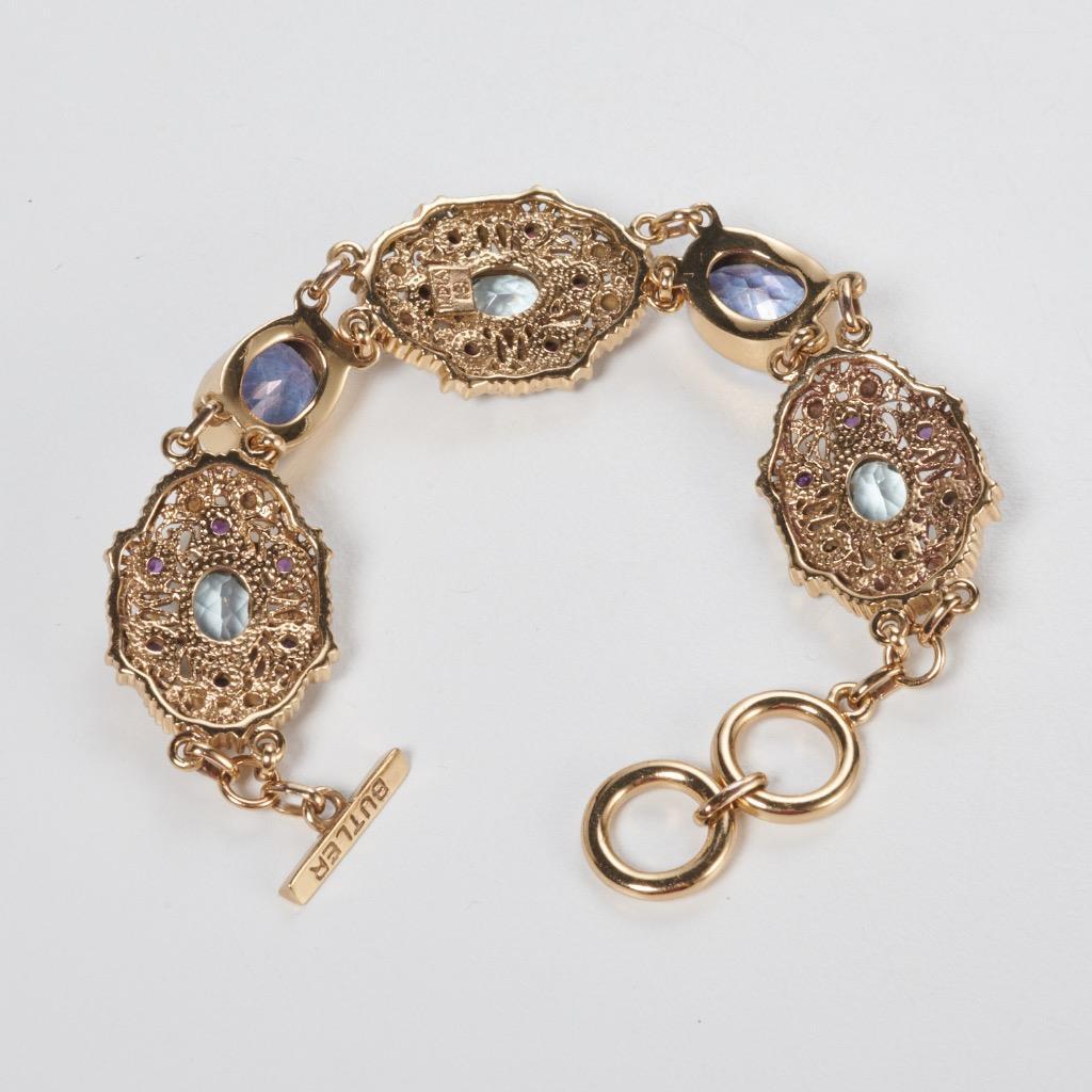 Nicky Butler Gold Tone Purple Blue Pink Cabochon Bejeweled Panel Bracelet 7.5″
