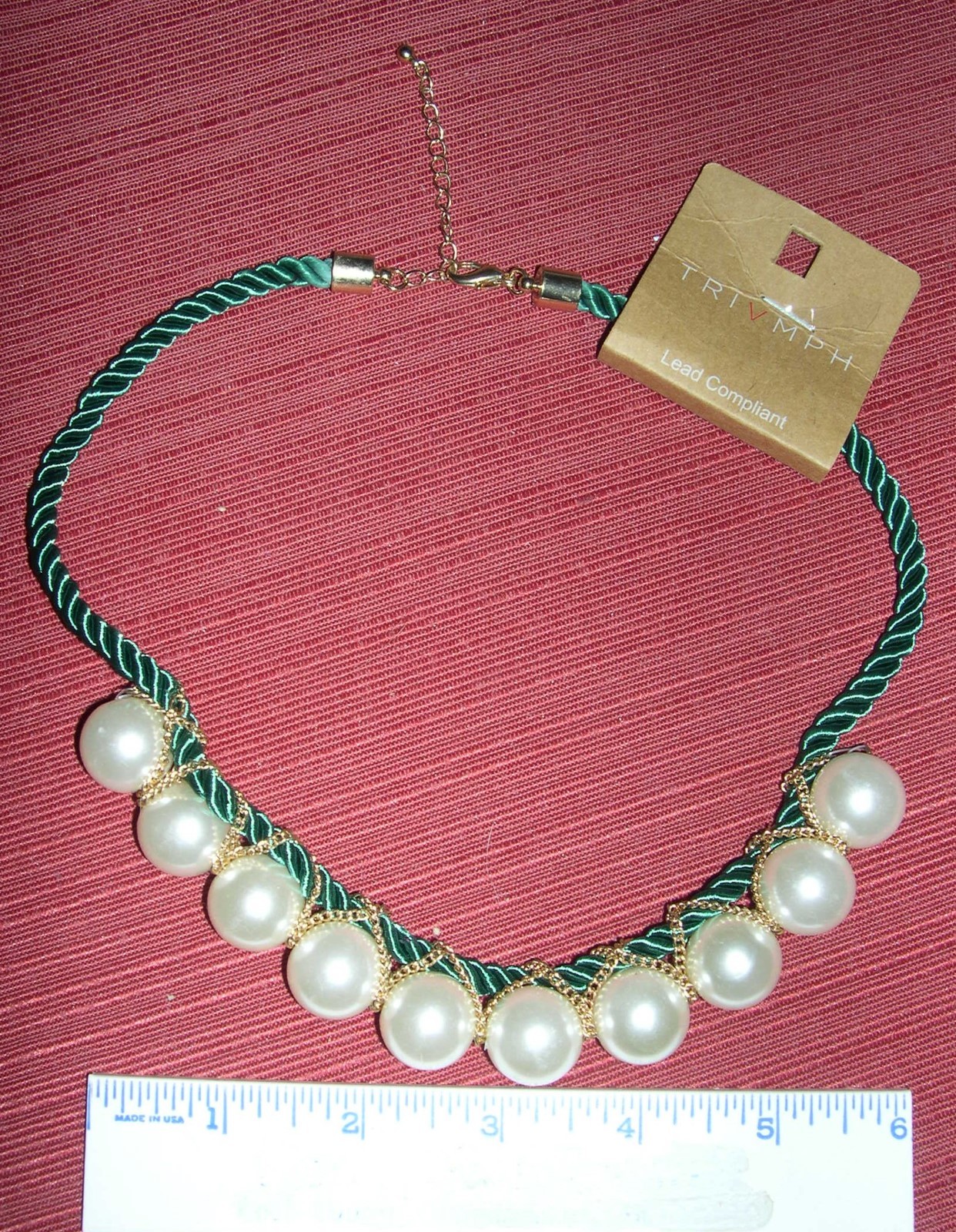 Trivmph Green Cord W/ White Pearl Style Necklace 19 inches