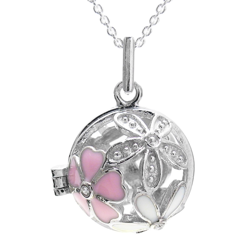 925 Sterling Silver Enamel Flowers Pearl Cage Pendant & Necklace