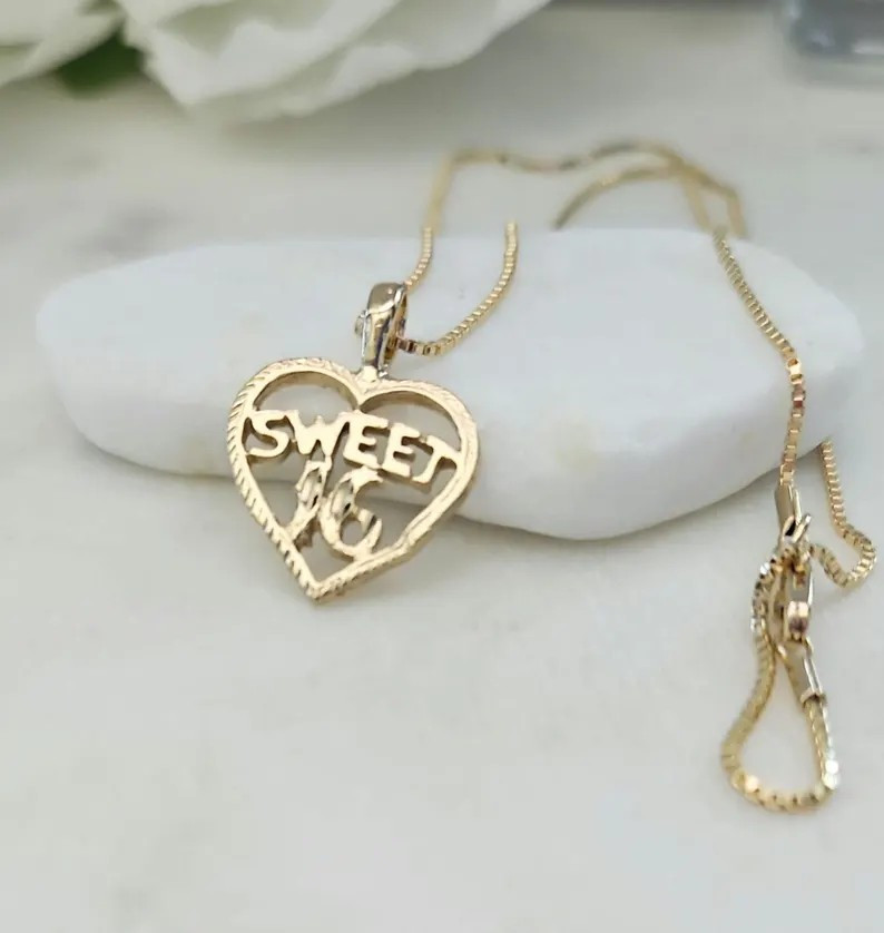 Gold Sweet 16 Necklace, 14k Heavy Plated Gold, Sweet Sixteen Necklace