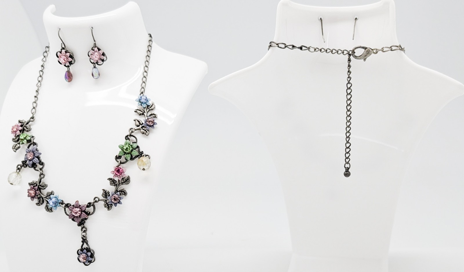 DESIGNER INSPIRED ELITE FILIGREE MULTI CRYSTAL FLORAL ENAMEL SILVER JEWLERY SET