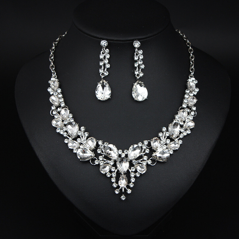 Crystal Gem Necklace Earrings Bridal Jewelry Set Statement Christmas Party Gift