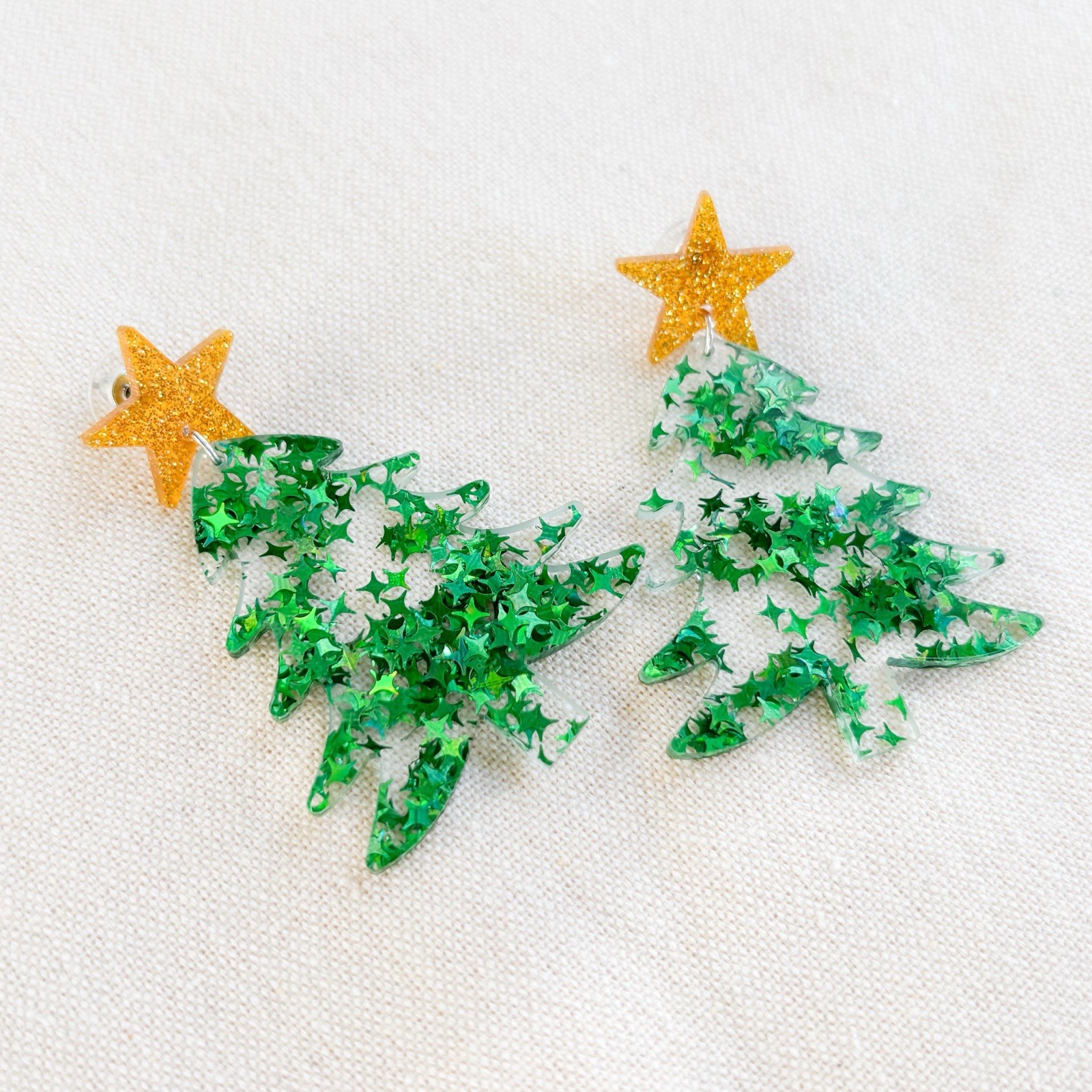 Green Glitter Christmas Tree Earrings Vintage Inspired Nostalgic