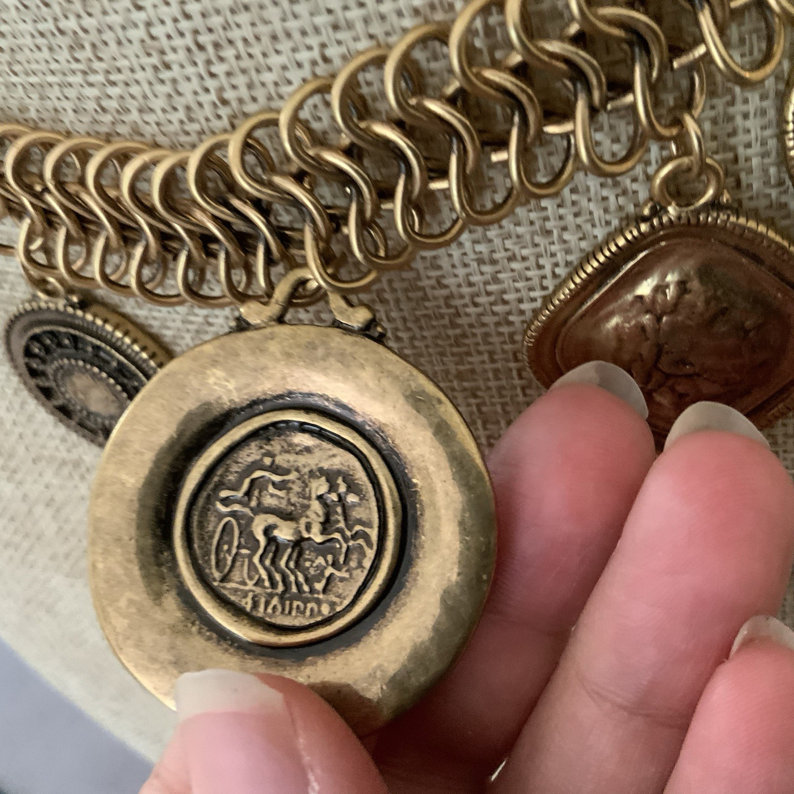 Chico’s Roman Coin Statement Necklace Antique Brass Medallion Charm Bib