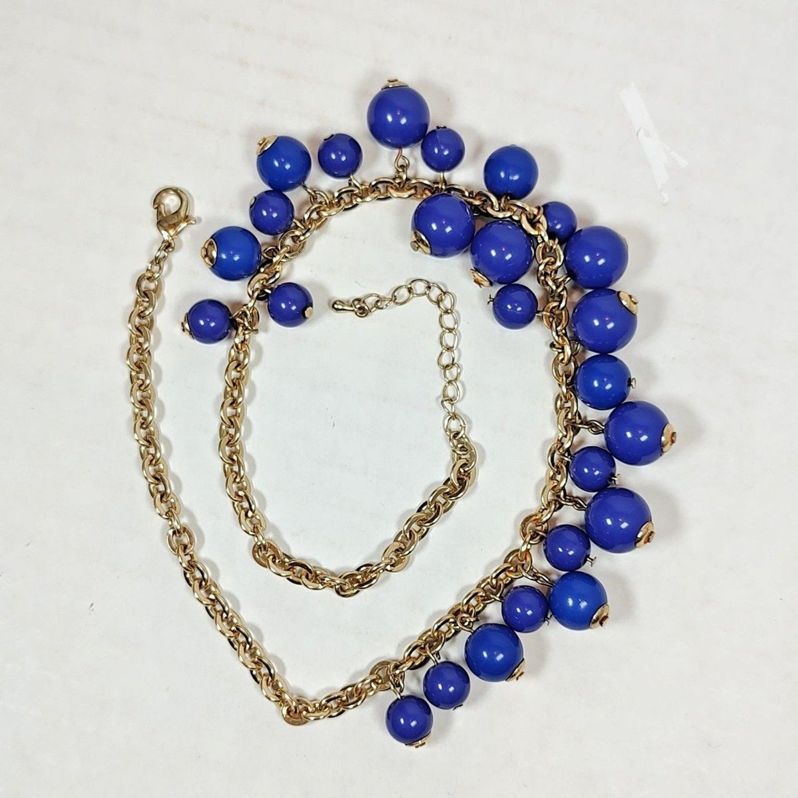 Gold Tone Metal Purplish Blue Beaded Cluster Fashion 18″ x 20.5″ Necklace Bold