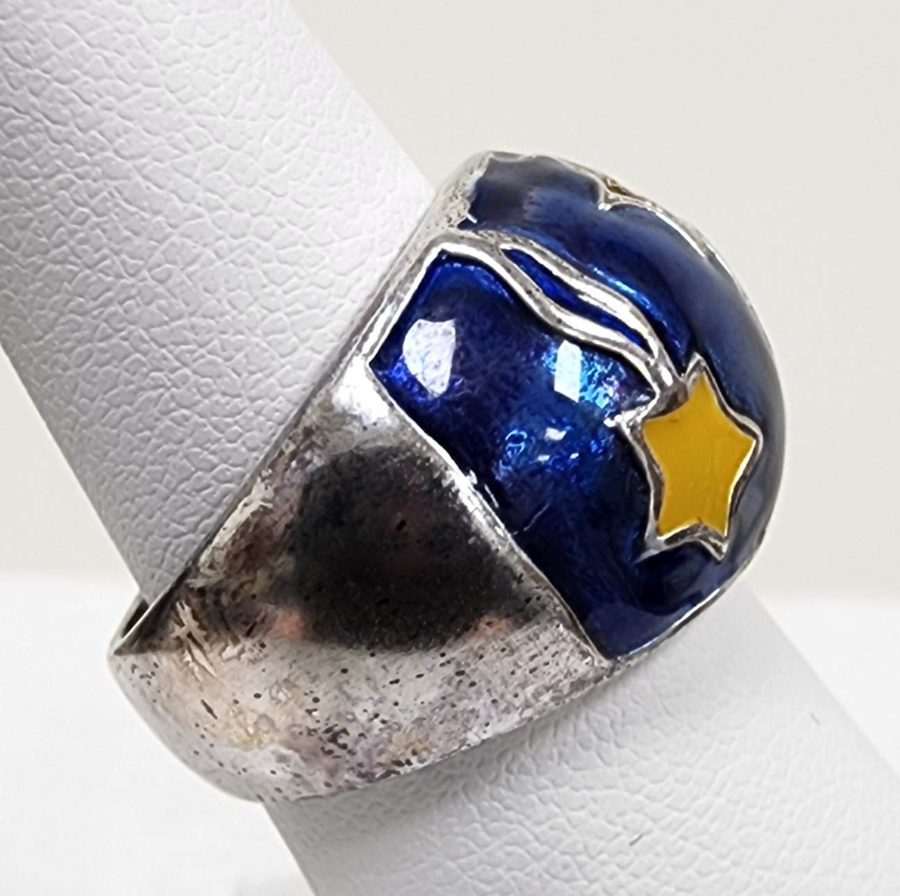 Designer LJ Sterling Silver Blue Enamel Falling Stars & Yellow Star CZ Ring Sz 7