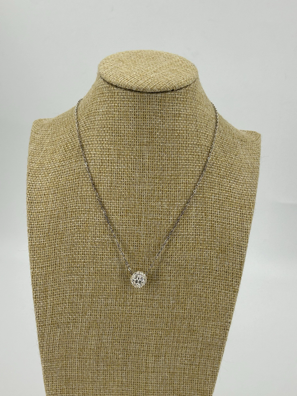 Rhinestone Crystal Ball Pendant Silver Tone Chain Necklace Womens 16-19 Inch
