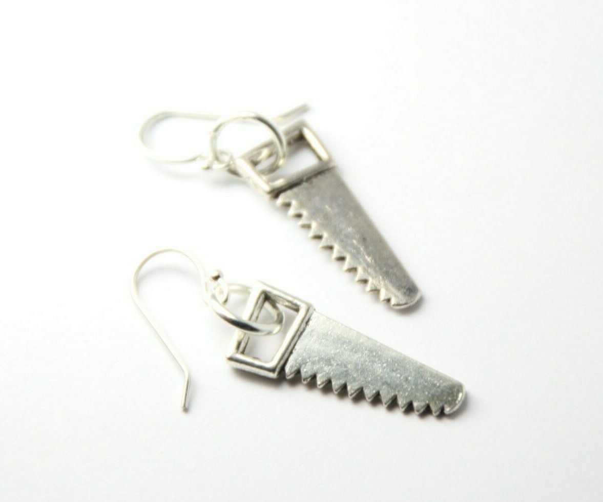 Hand Saw Charm Earrings Construction 925 sterling silver hooks, pewter charms