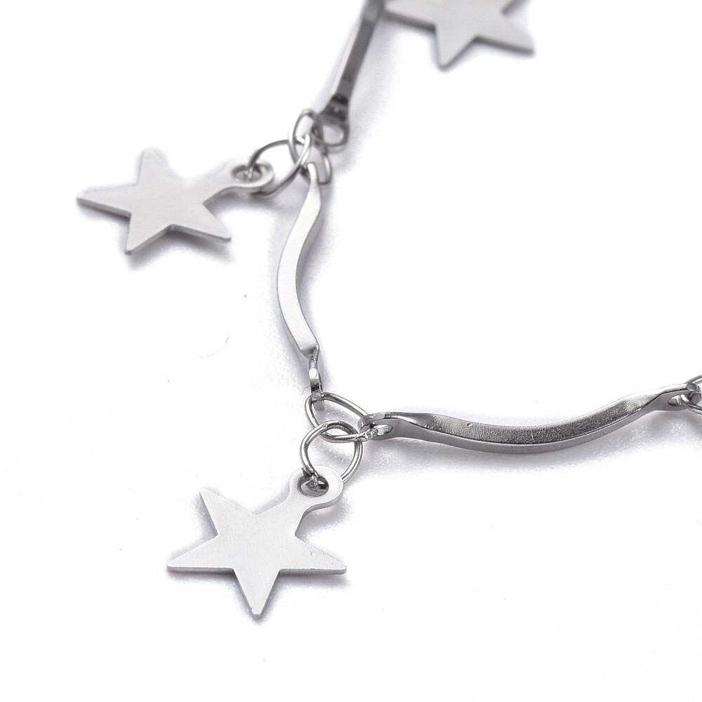 Stainless Steel Bar Chain Anklet Bracelet Star Charms Lobster Silver 9.6″ Z10