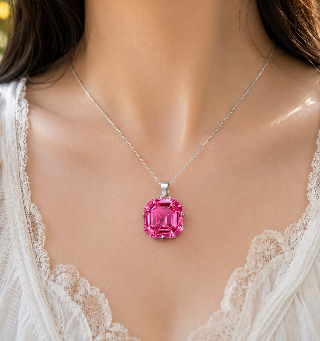 20CT Pink Sapphire Pendant, 925 Sterling Silver Necklace, Asscher Cut CERTIFIED