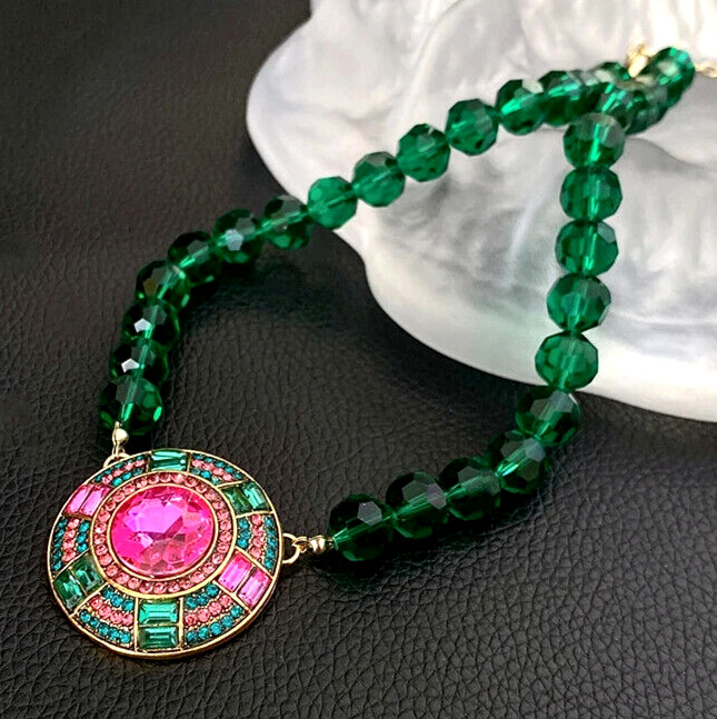 Vibrant Green Pink JEWEL Rhinestone Bead Betsey Johnson Necklace Earrings SET