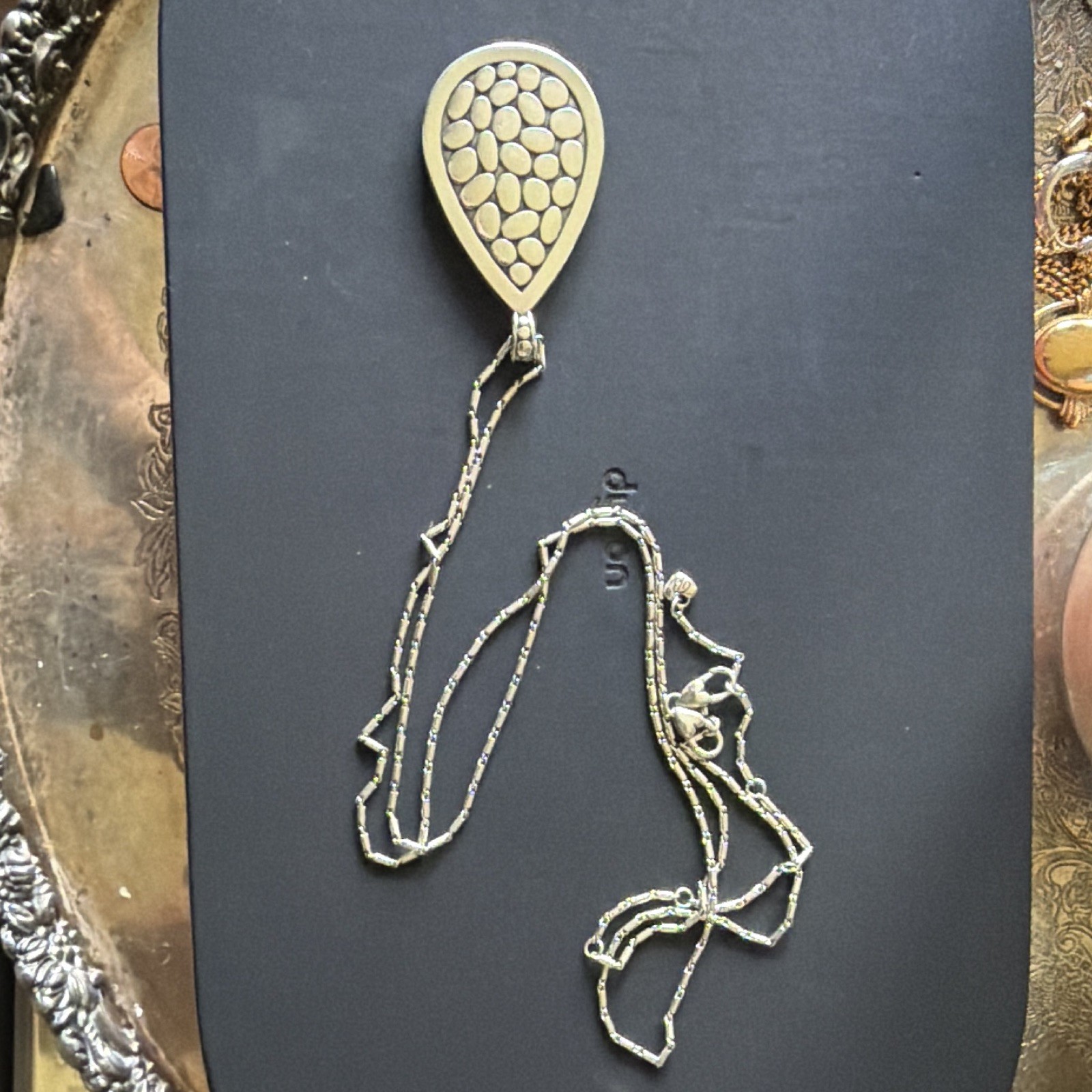 Silver Tone Teardrop Charm Pendant Necklace Bar Link Chain Spring Ring