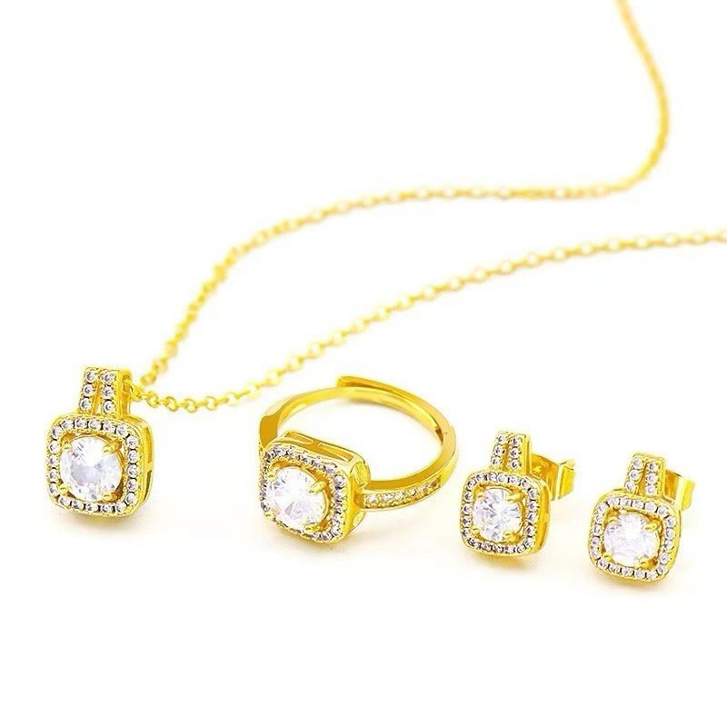 Luxury 3-Piece Gold Plated Halo Square Cubic Zirconia Jewelry Set