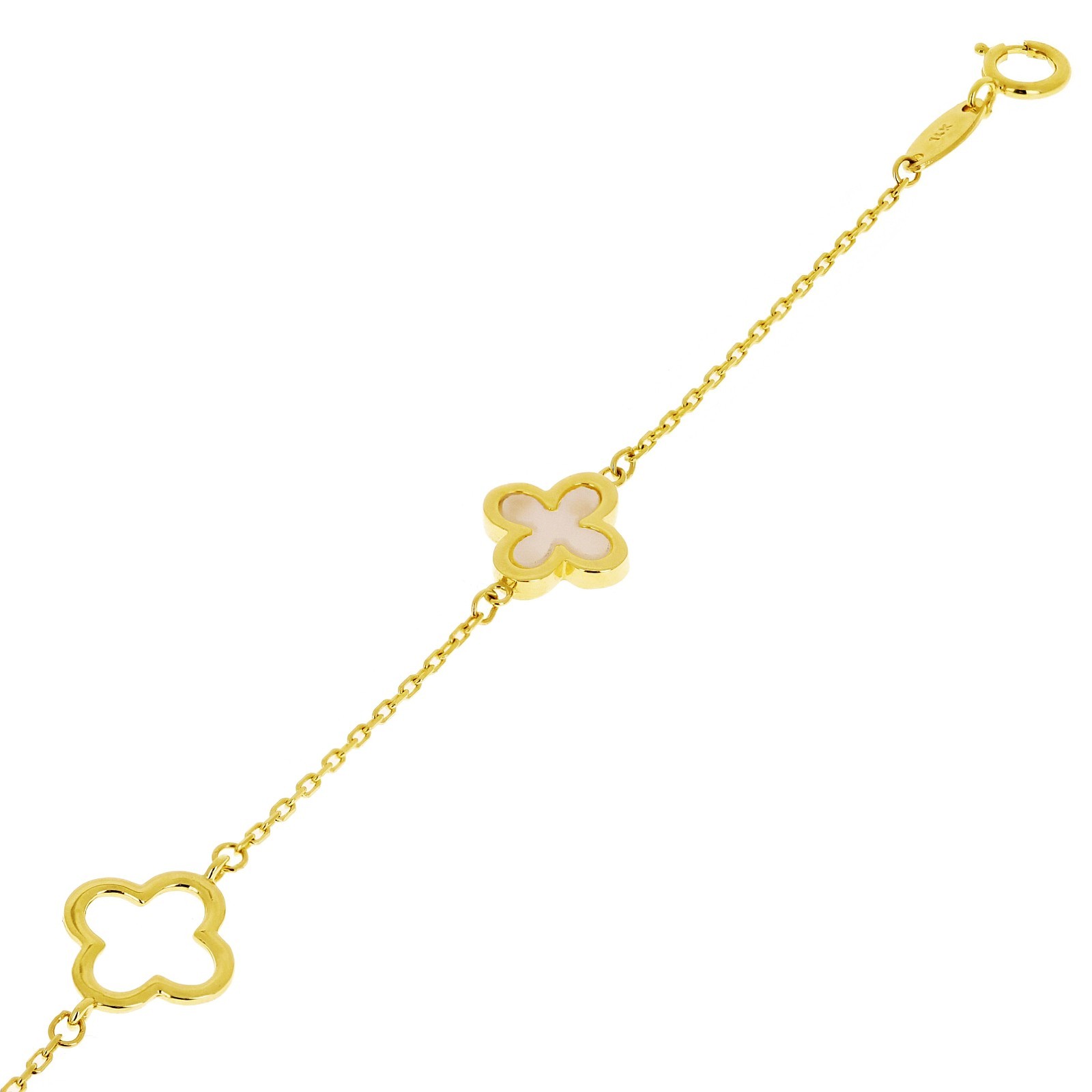 Italian 14k Yellow Gold Mother of Pearl Flower Charm Station Bracelet 7″ 1.8gram