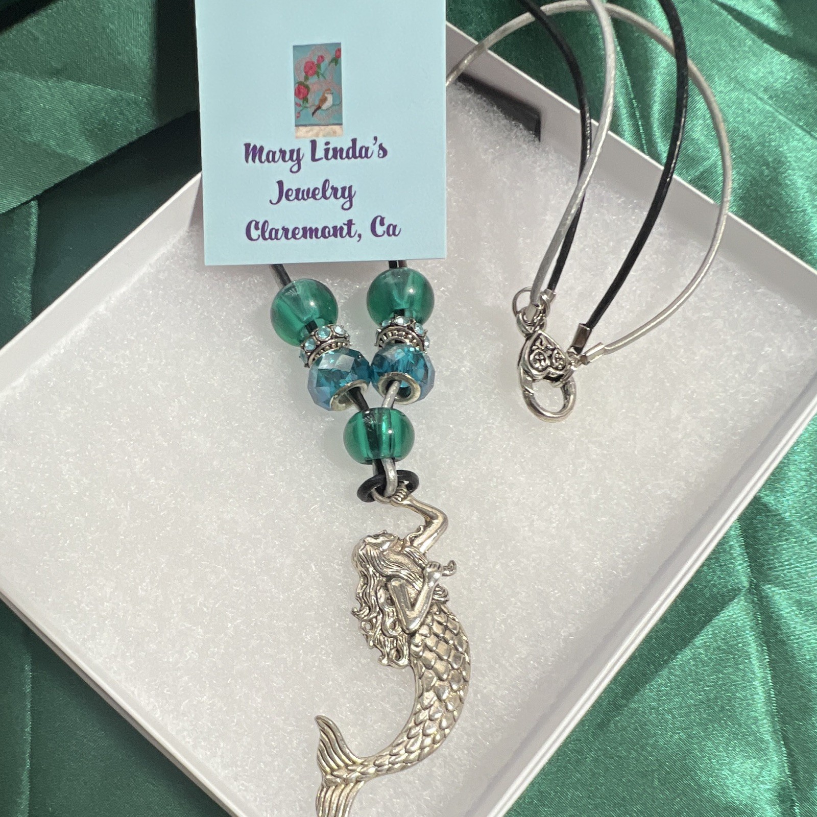 Necklace, leather, green blue glass, crystal Sterling, silver, mermaid, clasp.
