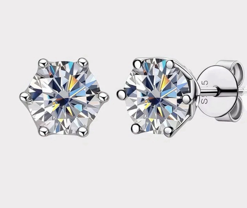 Round Clear Moisannite Stud Earrings Silver-Tone Prong Butterfly