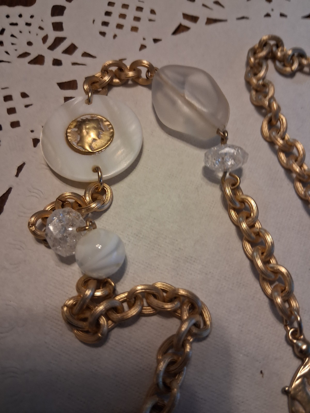 Chico’s Gold Tone Round Link Chain Coin Pendant Necklace White Beads Signed