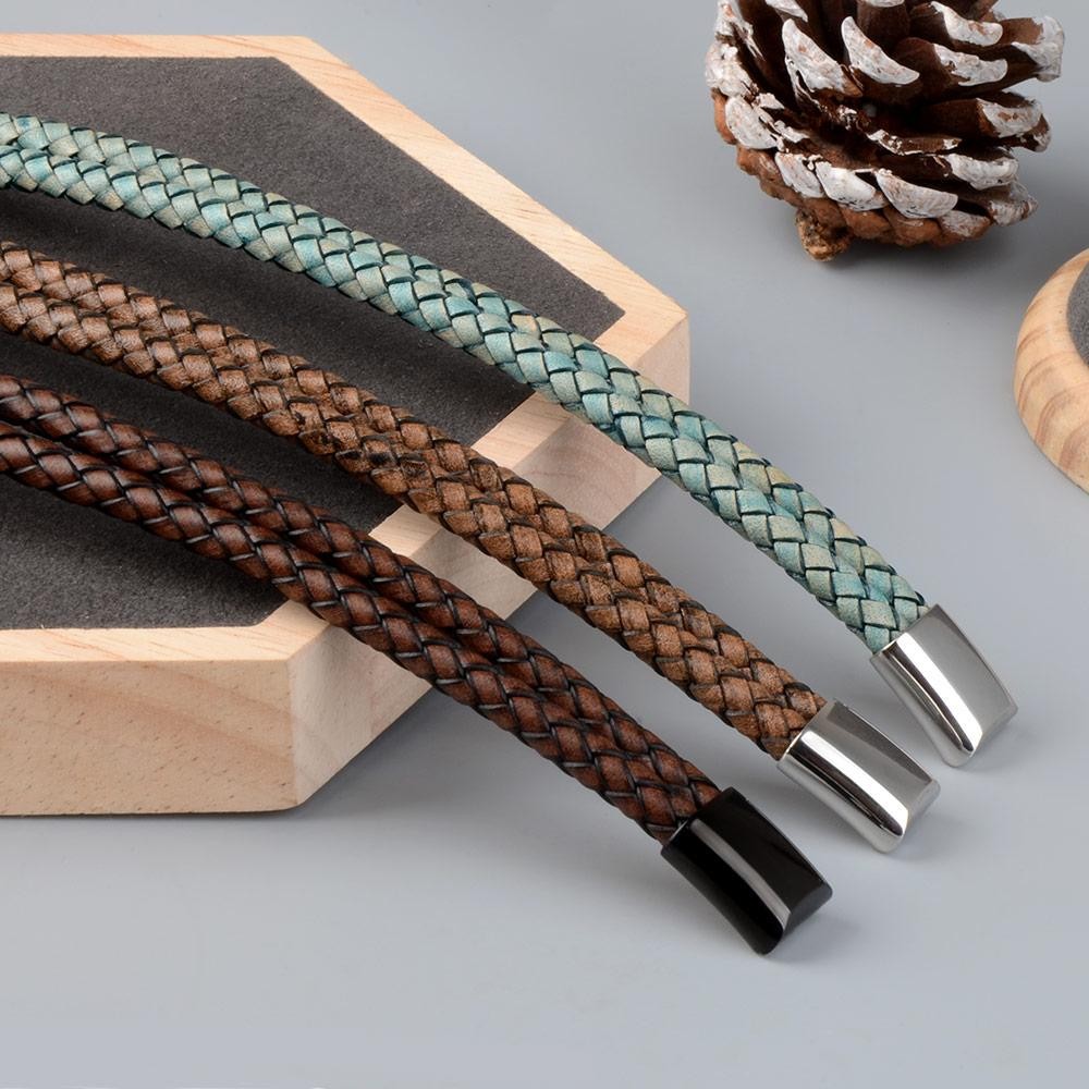 Genuine Leather Double Rope Braid Bracelet with Stainless Steel Magnetic Clasp