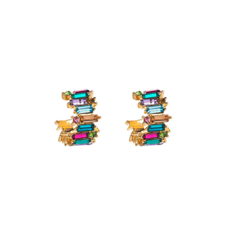 Inlaid Color Diamond C- Shaped Personality Simple Female Earrings Alloy
