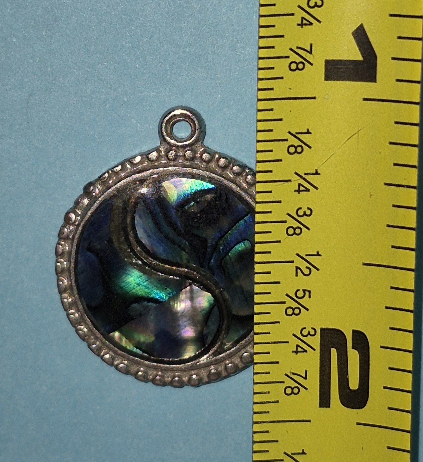 Round Abalone Shell Inlay Pendant Charm Silver Tone Blue Green Bezel Set