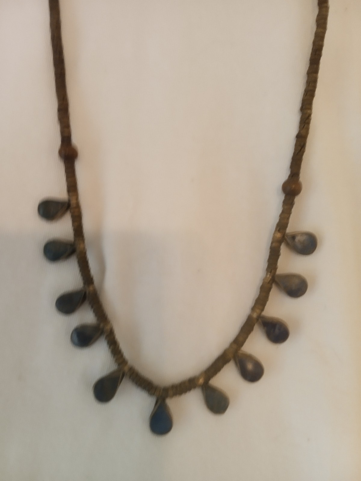 Antique Brown & Blue Beaded Necklace Teardrop Charm Pendant Lobster Clasp 18 in
