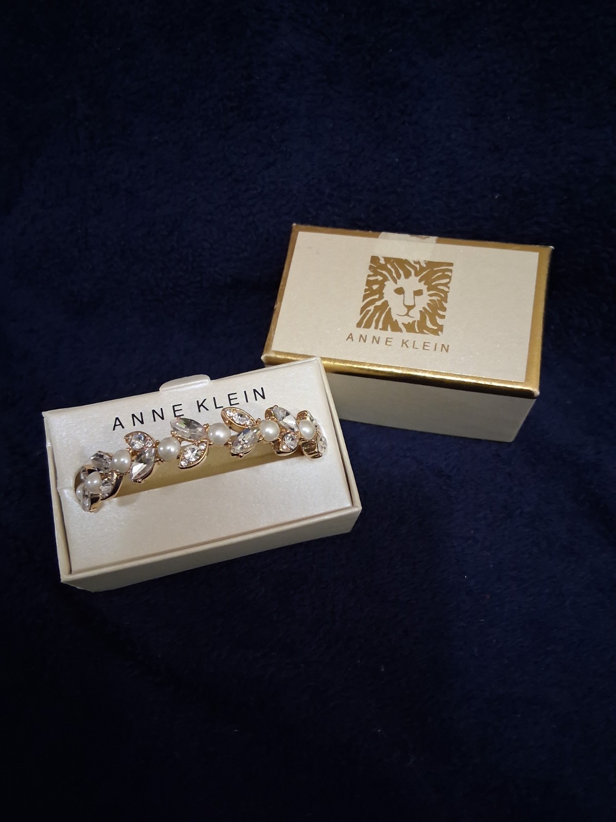 Anne Klein Gold Tone Crystal Pearl Hinged Bangle Bracelet w Box JA218