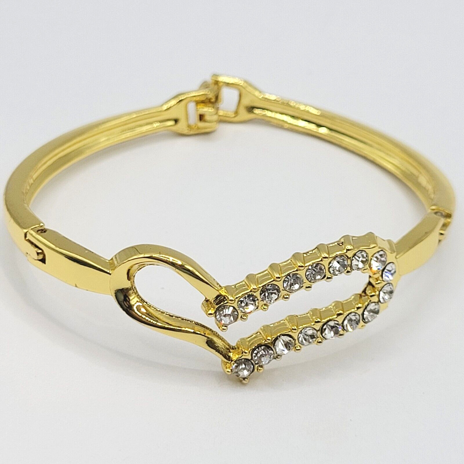 Austrian Crystal Rhinestones Modern Art Deco Heart Bracelet Gold Tone 8 Inch