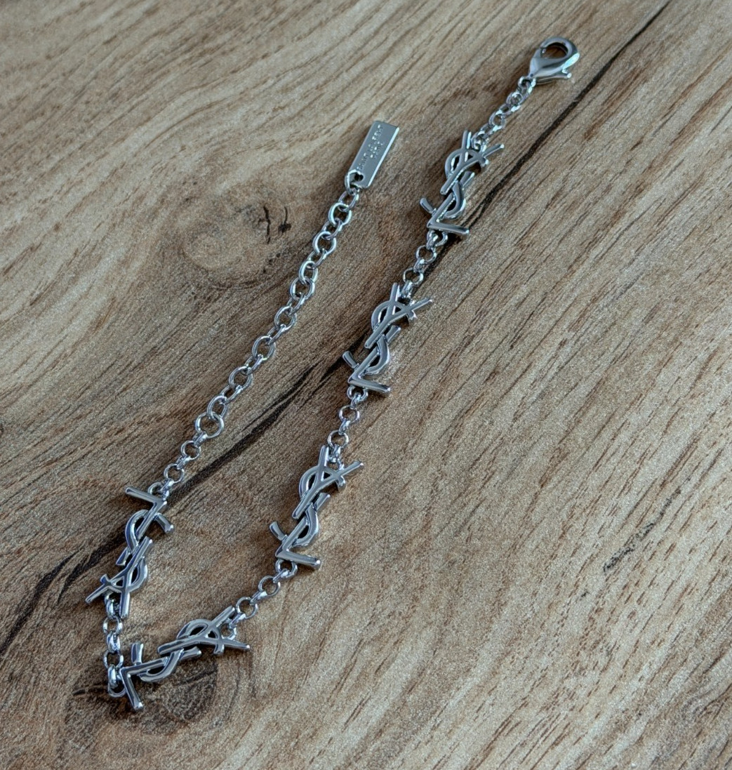 YSL Saint Laurent Chain Monogram Bracelet Logo Link Silver Tone Bracelet Luxury