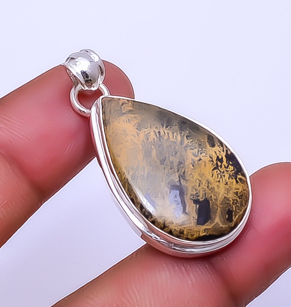 Honey Dendritic Opal – Mexico Gemstone 925 Sterling Silver Pendant 1.72″ P8
