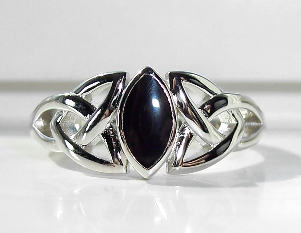 Celtic Synthetic Black Onyx Triquetra Ring Marquise Shape 925 Sterling Silver