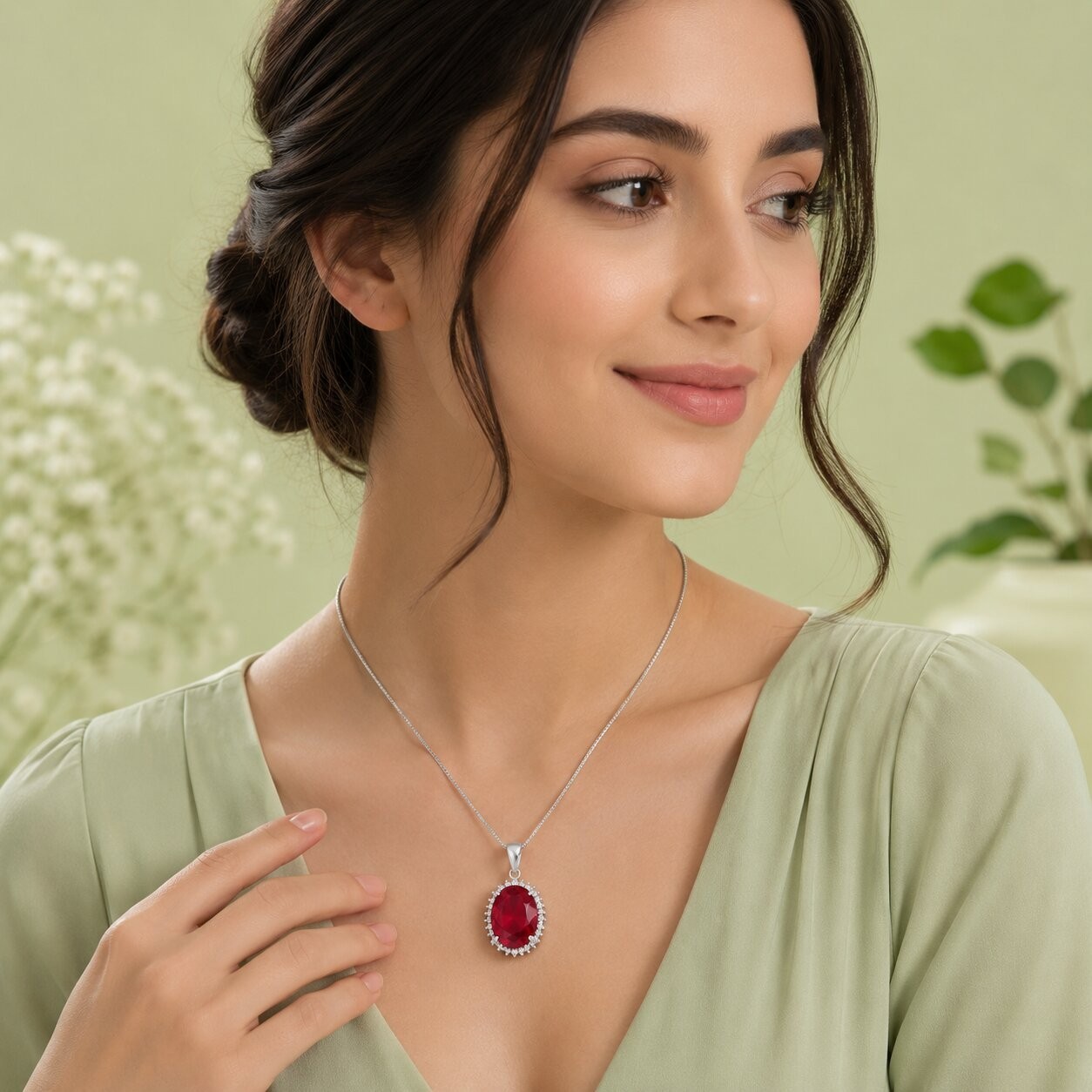 925 Sterling Silver Ruby Red Cubic Zirconia Halo Oval Pendant Necklace Charm