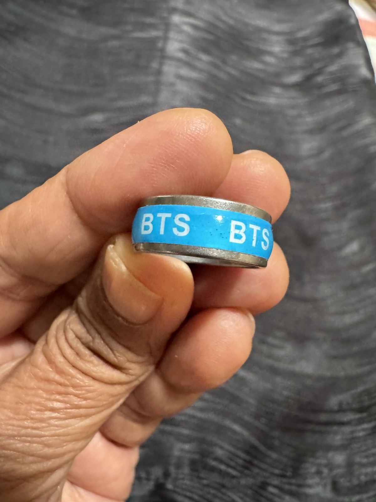 BTS K-pop ARMY Blue/Silver Stainless Steel Ring Band Fan Jewelry Size 4