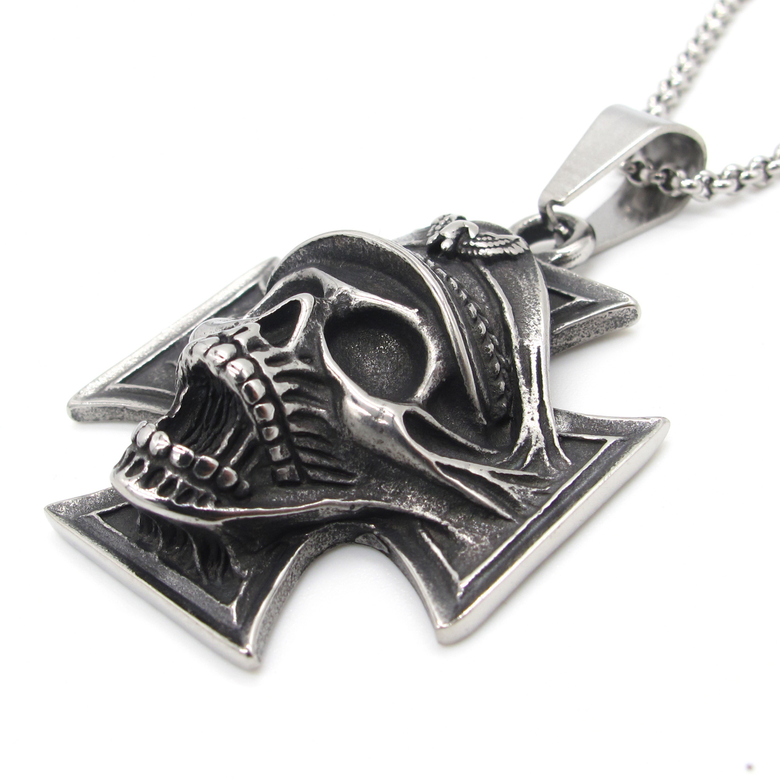 MENDEL Mens WW2 Officer Skull Iron Cross Pendant Necklace Chain Stainless Steel