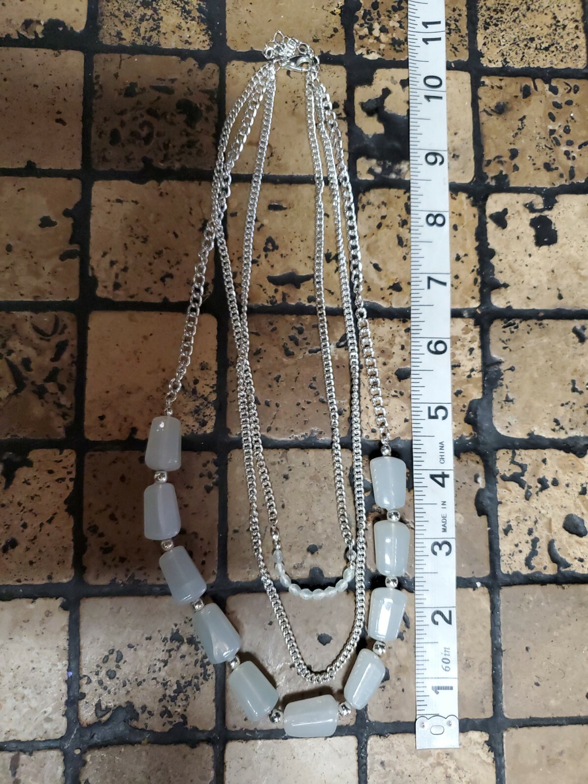 Silver Tone Multi Chain Layered Necklace with Clear White Style & Faceted Beads