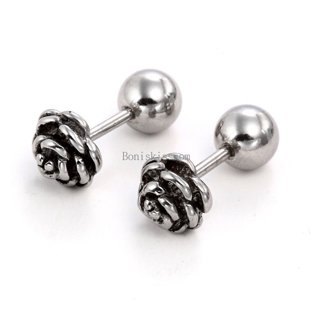 Charm Rose Flower Shape Stainless Steel Stud Earrings Bead Ball Screw Back