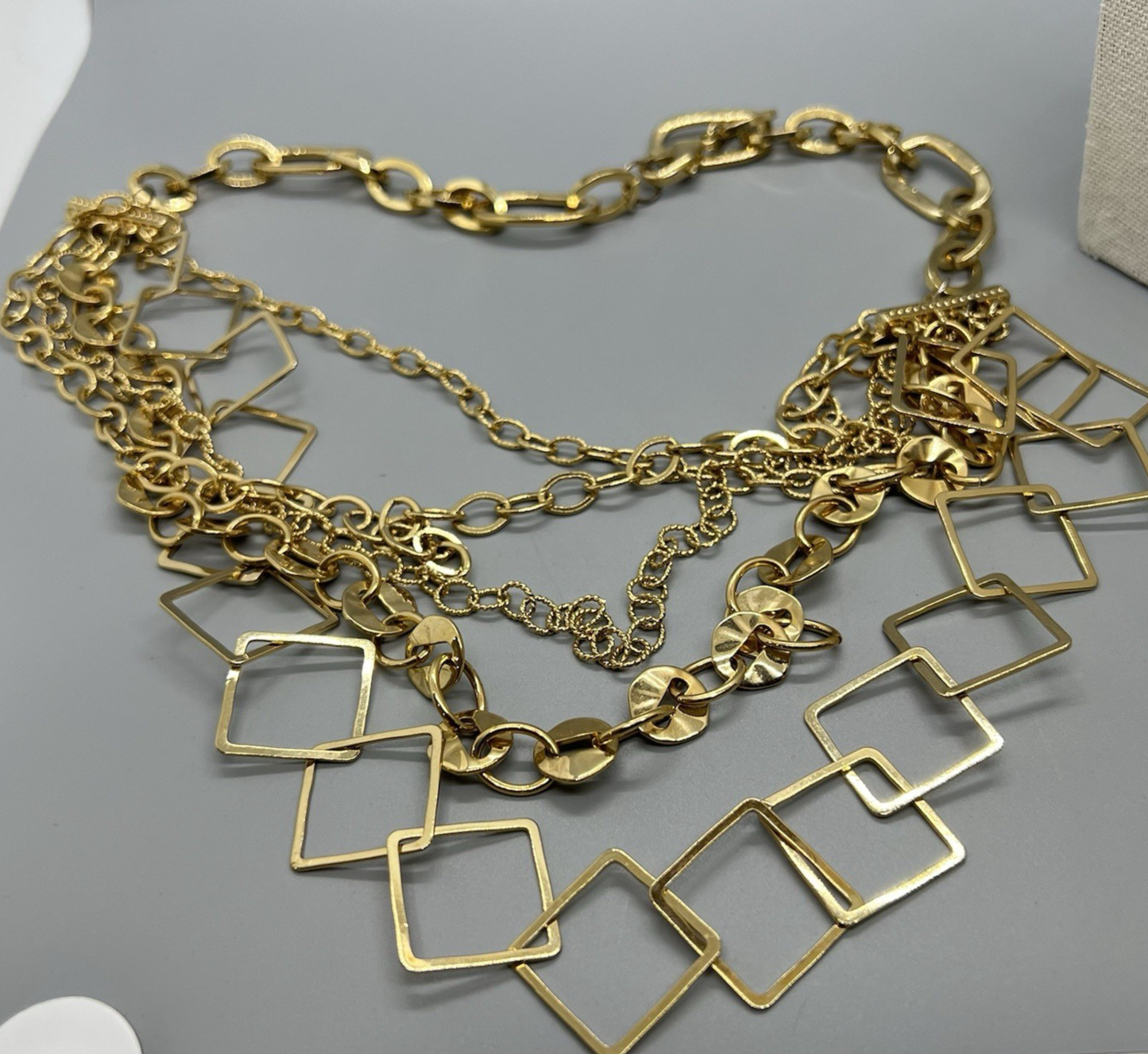 Bold Multi-Strand Gold Tone Statement Necklace Open Geometric Link Layerer