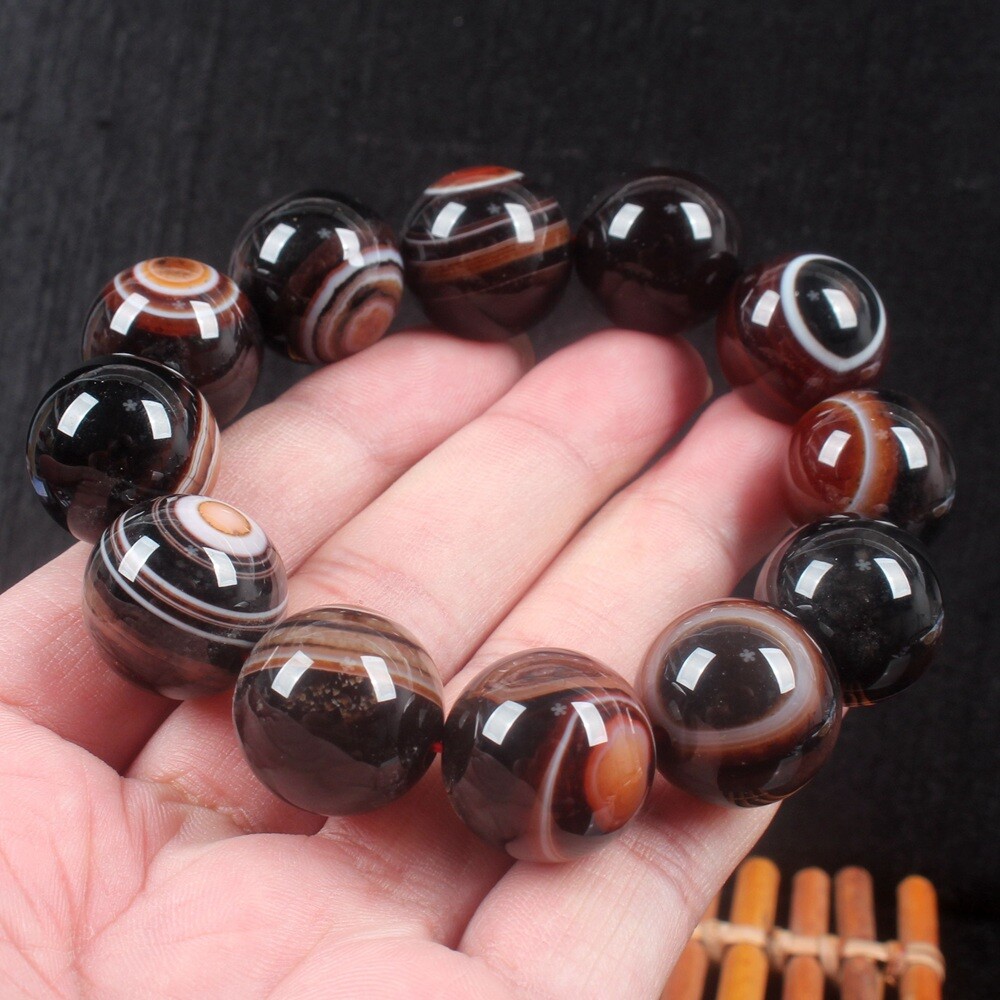 20mm Rare China Natural Agate Onyx Carved Buddha Beads Bracelet Bangle Wristlet
