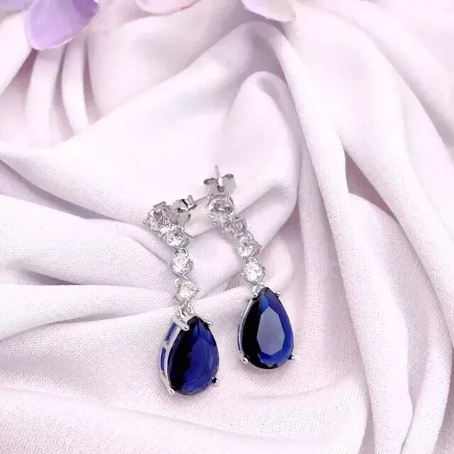 2Ct Pear Cut Simulated Sapphire Drop Dangle Earrings 14k White Gold Plated