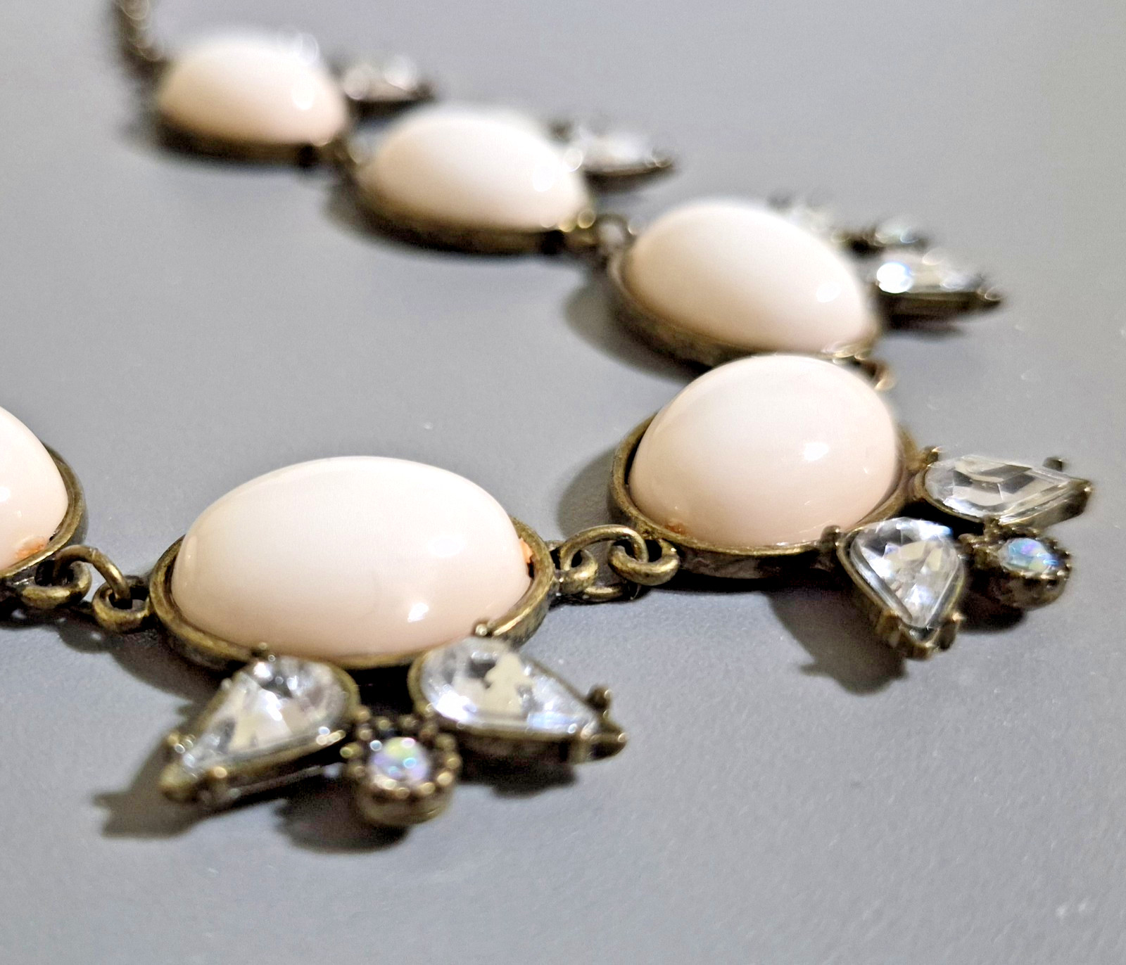 Robert Rose Necklace Pale Blush Cabochon Gray Rhinestone Antiqued Bronze Tone