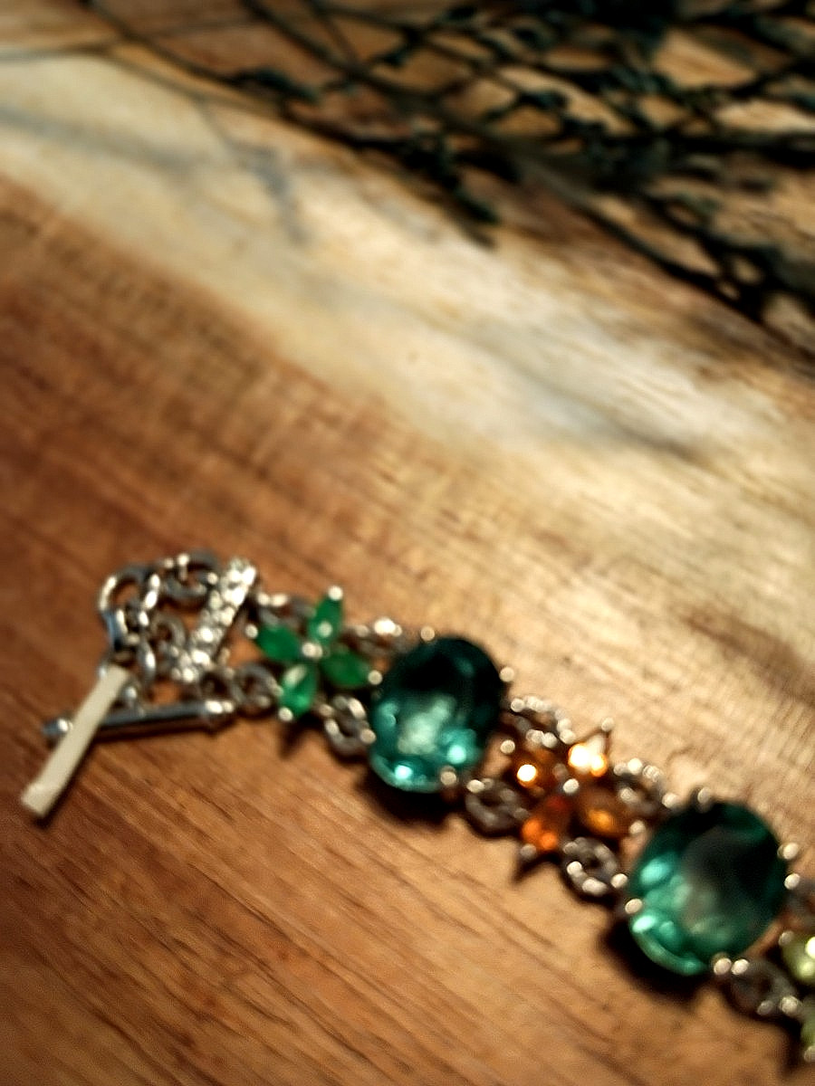 Sterling Silver 925 (STS) Teal Peacock Quartz Multi Gemstone Bracelet & Earrings