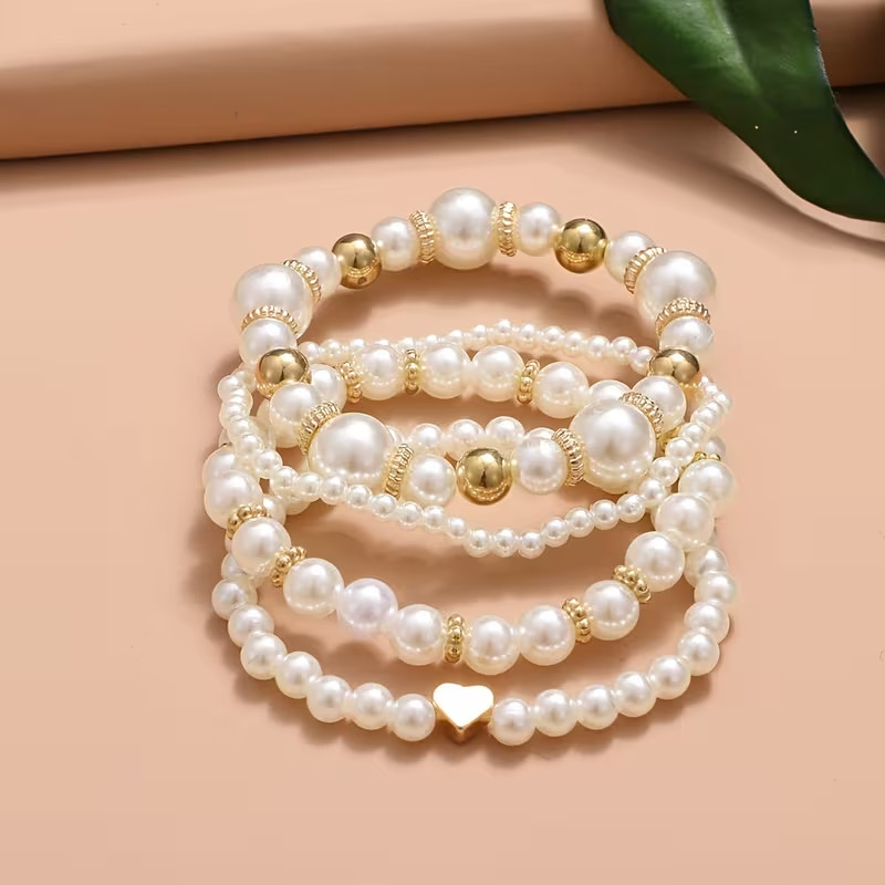 Set of 4 Imitation Crystal and Pearl Beaded Elastic Bracelets 7-8 inch