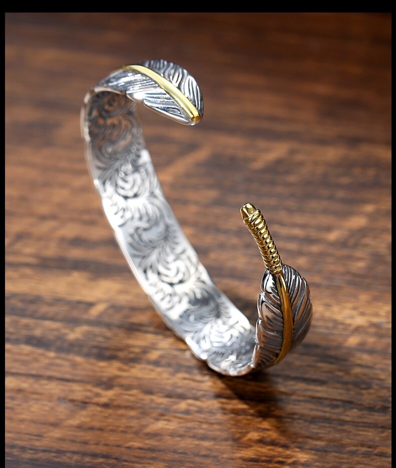 Men’s Fashion Jewelry Silver Feather Adjustable Bangle Cuff Bracelet 1-268