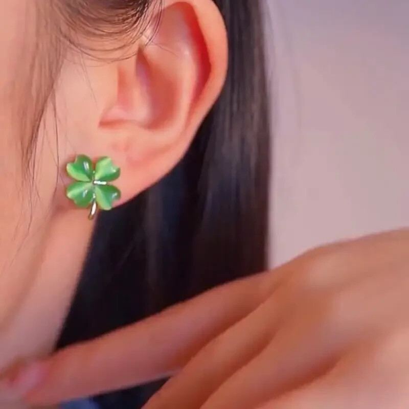 Lucky 4-Leaf Clover Synthetic Opal Stud Earrings Green St. Patrick’s Day Gift