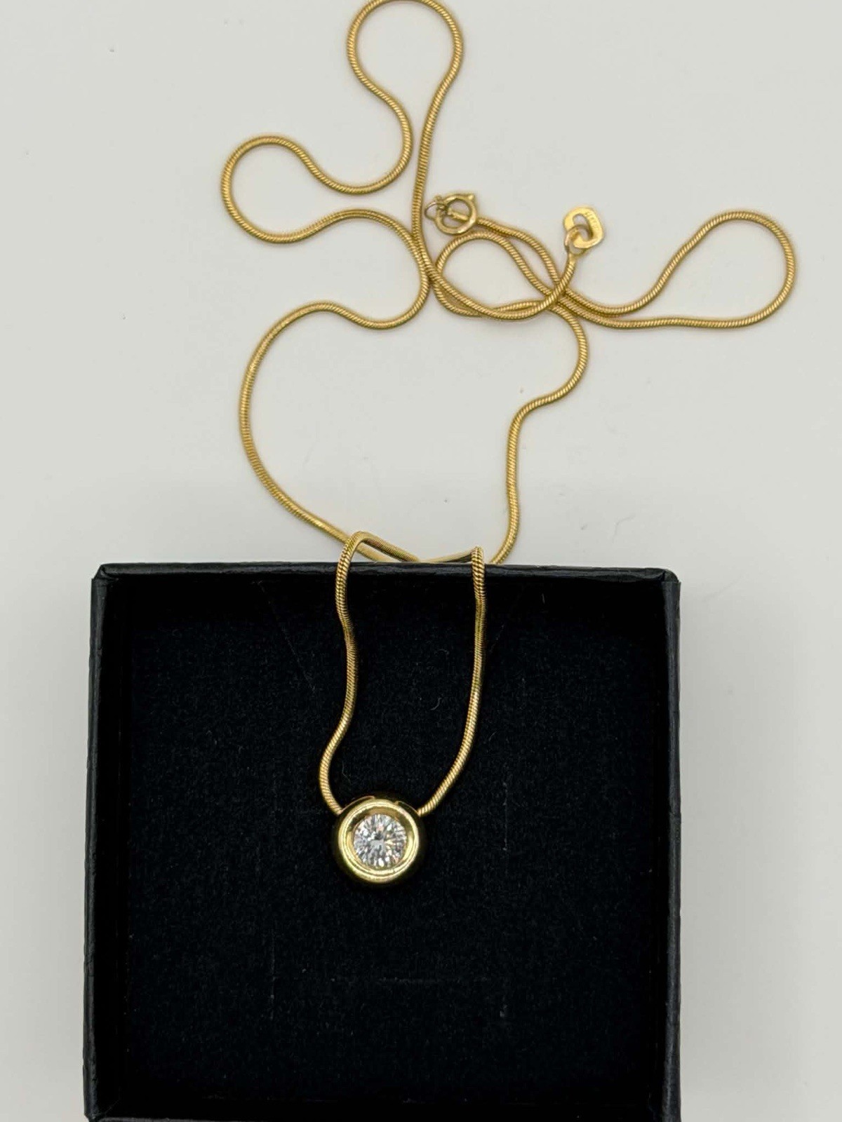14K Gold Snake Chain Necklace Round Bezel Diamond Charm Pendant