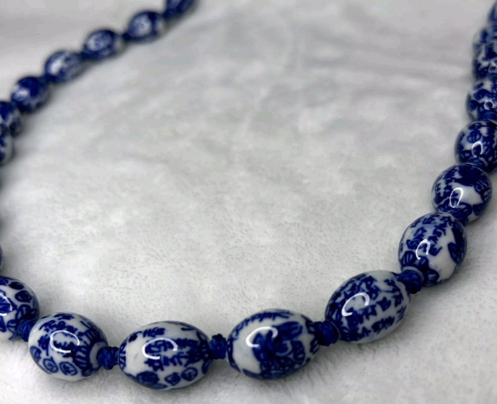 Vintage Blue & White Porcelain Hand Knotted Beaded Necklace 26in Chinese Export
