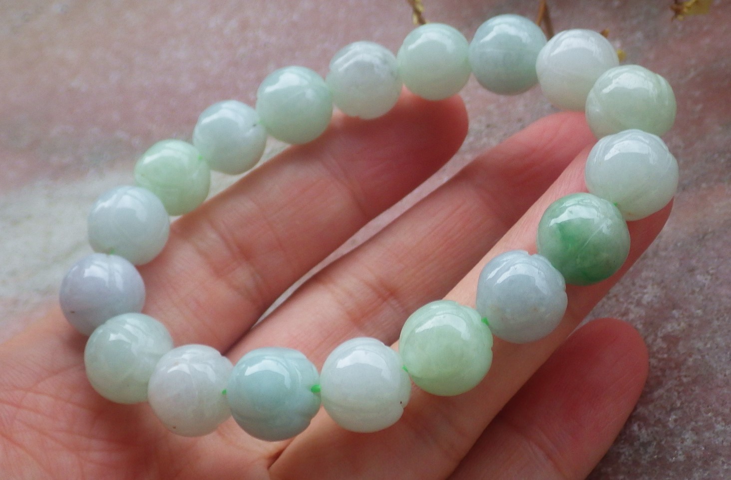 1 Pcs Green A JADE Jadeite Beads Bangle Lotus Flower Bracelet 7 inches 手链 737180