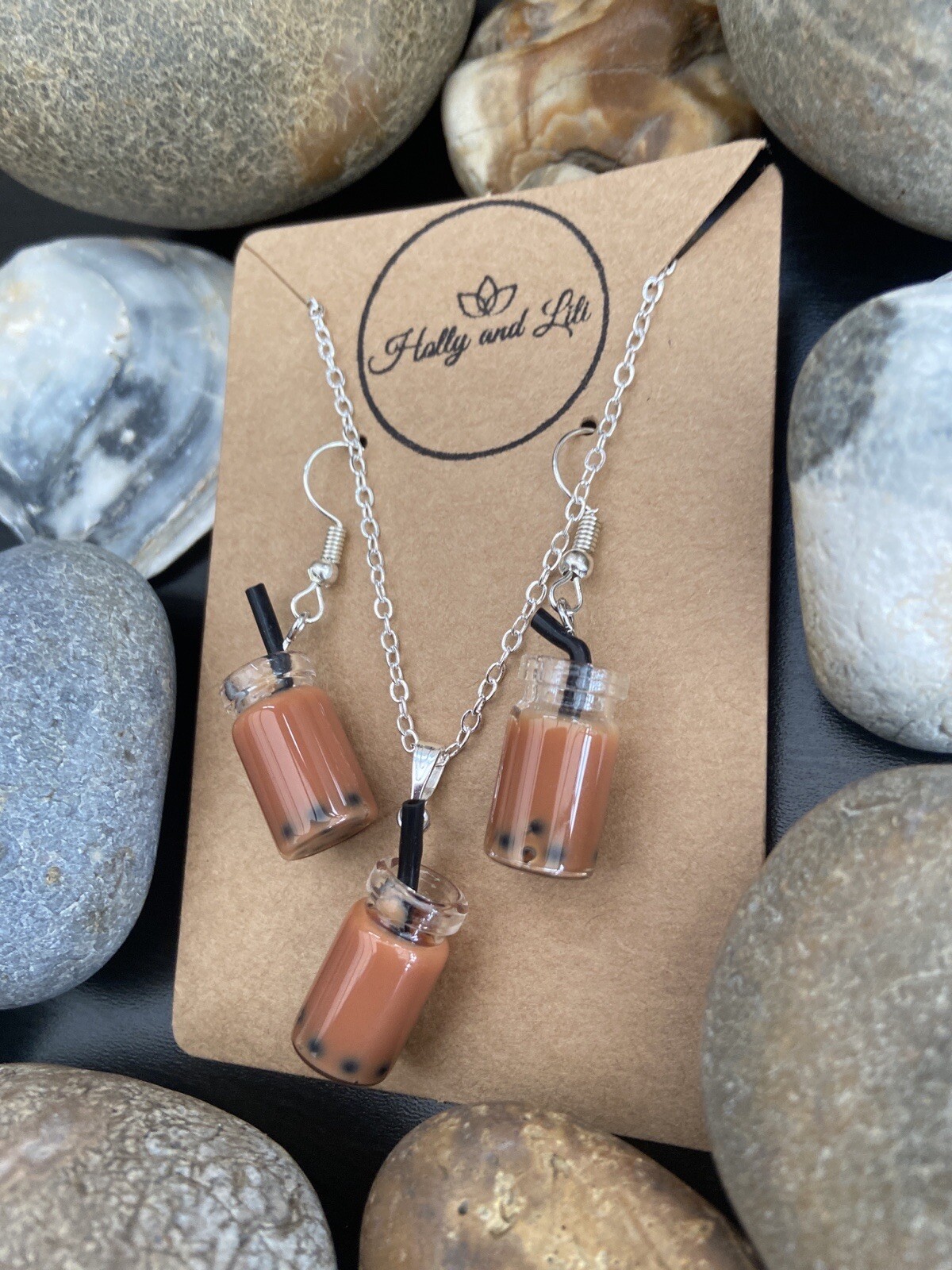 Brown Bubble Tea Boba Novelty Personalised Handmade Necklace & Earring Set