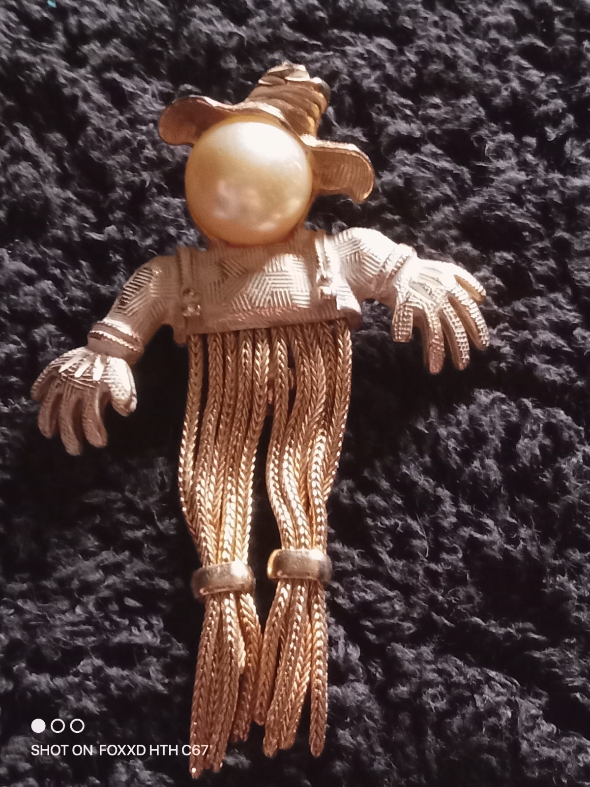 Scarecrow Cowboy Western Dangle Brooch Pin, Gold/Silver Metal, White Pearl